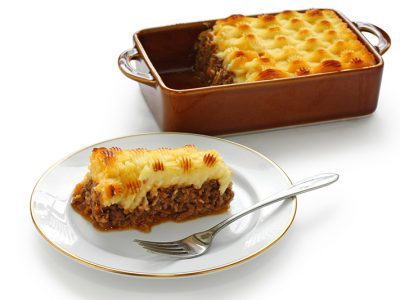 Cottage pie, shepherd's pie, english cuisine, on a white background